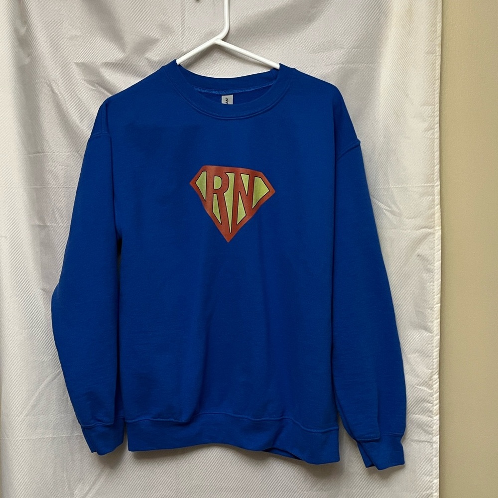Gildan Blue Crewneck‎ Sweater with Red Graphic. RN Superman